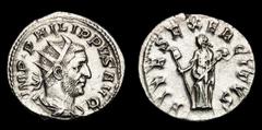 Roman Imperial Coins Philip I. Arabs (244-249 AD). AR Antoninianus (22 mm, 4.28g), Rome. Obv. IMP PHILIPPVS AVG, Radiate, draped and cuirassed bust to right. Rev. FIDES EXERCITVS, Fides standing left,
