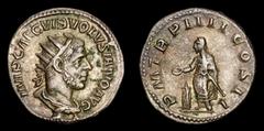 Roman Imperial Coins Roman Empire Volusian (251-253 A.D.) silver antoninianus, Rome mint. IMP CAE C VIB VOLUSIANO AVG, radiate, draped and cuirassed bust right, seen from behind / P M T R P IIII COS I