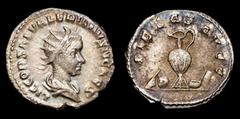 Roman Imperial Coins Saloninus, as Caesar, AR Antoninianus. Rome, AD 256. LIC COR SAL VALERIANVS N CAES, radiate and draped bust right, seen from behind PIETAS AVGG, lituus, knife, patera, vase, simpu