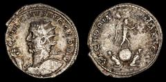 Roman Imperial Coins Roman Empire - Gallienus (253 - 268 A.D.) silver antoninianus (3,67 g. 22 mm.) from Lugdunum mint, 259 A.D. VICTORIA GERMANICA. RARE!Rare variety with obverse legend: GALLIENVS AV