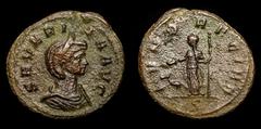 Roman Imperial Coins Roman Empire Severina (270-275 A.D.) Bronze as. Rome mint. 275 A.D. SEVERINA AVG, diademed, draped bust of Severina right / IVNO REGINA, Juno standing left, holding patera and sce
