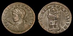 Roman Imperial Coins Roman Empire - Crispus (316-326 A.D.) bronze follis (2,93 grs. 21 mm). Trier mint 322 A.D. BEATA TRANQVILLITAS. Rare. IVL CRISPVS NOB CAES, laureate cuirassed bust left holding sh