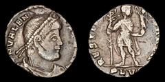 Roman Imperial Coins Valens AR Siliqua. Lugdunum, AD 366. D N VALENS P F AVG, pearl-diademed, draped and cuirassed bust right / RESTITVTOR REIP, Valens standing facing, head right, holding labarum, wi