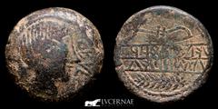 Ancient Hispania Ancient Hispania. Obulco (Porcuna, Jaen), bronze As (26.26 g., 29 mm.). Minted in the II century B.C. Diademed female head right OBVLCO / ILTERTUOR / CABESORIU. between plow and ear. 