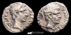 Roman Empire Roman Empire - C. Sulpicius Plaetorinus. Silver denarius (2,76 g, 18 mm.). Rome, 13 B.C. C Agrippa and Augustus CAESAR – AVGVSTVS Bare head of Augustus right. M AGRIPPA – PLATORINVS III V