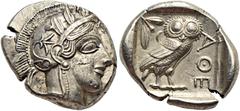 GRIECHISCHE MÜNZEN ATTIKA Athen Tetradrachme ca. 430-420 Av.: Archaischer Kopf der Athena nach rechts, auf ihrem Helm drei Olivenblätter und ein Planzentrieb. Rv.: ATHE, im Quadratum Incusum Eule nach
