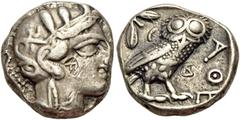GRIECHISCHE MÜNZEN AEGYPTUS Königreich (Imitation von Athen) Tetradrachme ca. Ende 5. Jhdt.- Mitte 4. Jhdt. v. Chr. Av.: Archaischer Kopf der Athena nach rechts, auf ihrem Helm drei Olivenblätter und 