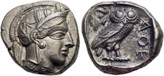 GRIECHISCHE MÜNZEN ATTIKA Athen Tetradrachme ca. 430-420 Av.: Archaischer Kopf der Athena nach rechts, auf ihrem Helm drei Olivenblätter und ein Planzentrieb. Rv.: AThE, im Quadratum Incusum Eule nach