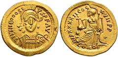 VÖLKERWANDERUNG Unbestimmte Stämme Solidus circa. 5. Jahrhundert n. Chr. Zeitgenössische, barbarische Imitation eines Solidus von Theodosius II. Av.: D H THEOOOSI-VS P F AVC, behelmte und gepanzerte B