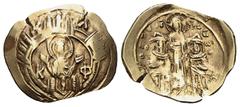 BYZANTINISCHE MÜNZEN Andronikos II. Palaiologos (1282-1328) mit Michael IX. (1295-1320). AV-Hyperpyron (Skyphat) 1305-1320, Thessalonica.. Av.: Halbfigur der Jungfrau Maria in Mauerkranz mit vier Turm