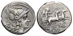 RÖMER, REPUBLIK C. Maianus 153 v. Chr., Denar 153 v. Chr., Rom. Av.: Romakopf mit Flügelhelm nach rechts, dahinter Wertzeichen X. Rv.: Victoria mit Peitsche in Biga nach rechts, darunter C MAIANI (MA 