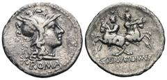 RÖMER, REPUBLIK C. Servilius 136 v. Chr., Denar 136 v. Chr., Rom. Av.: Romakopf mit Flügelhelm nach rechts, dahinter Kranz und Stern, im Abschnitt ROMA. Rv.: C•SERVEILI•M•F, Dioskuren zu Pferde mit La