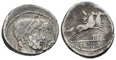 RÖMER, REPUBLIK C. Marcius Censorinus 88 v. Chr., Denar 88 v. Chr., Rom. Av.: Kopf des Numa Pompilius und des Ancus Marcius nebeneinander gestaffelt nach rechts. Rv.: Desultor mit Peitsche und konisch