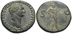 RÖMER, KAISERZEIT Domitianus als Caesar (69-81), Sesterz 80-81, Rom. Av.: CAES DIVI AVG VESP F DOMITIANVS COS VII, belorbeerter Kopf nach rechts. Rv.: S-C, Mars mit Speer und Tropaeum nach rechts schr