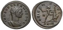 RÖMER, KAISERZEIT Aurelianus (270-275), Antoninian 275, Rom. Av.: IMP AVRELIANVS AVG, gepanzerte Büste mit Strahlenkrone nach rechts. Rv.: ORIENS A•VG // XXIR, Sol mit Bogen und Zweigbündel nach recht
