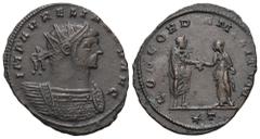 RÖMER, KAISERZEIT Aurelianus (270-275), Antoninian 272-274, Siscia. Av.: IMP AVRELIANVS AVG, gepanzerte Büste mit Strahlenkrone nach rechts. Rv.: CONCORDIA MILITVM // ✱T, Kaiser in Toga und Concordia 