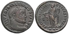 RÖMER, KAISERZEIT Diocletianus (284-305), Follis 300-303, Ticinum. Av.: IMP C DIOCLETIANVS P F AVG, belorbeerter Kopf nach rechts. Rv.: SACRA MONET AVGG ET CAESS NOSTR // TT•, Moneta mit Waage und Fül