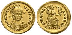 RÖMER, KAISERZEIT Honorius (393-423), Solidus 402-403, Konstantinopel. Av.: D N HONORI-VS P F AVG, behelmte und gepanzerte Büste mit Perlendiadem, Speer und Schild von vorne. Rv.: CONCORDI-A AVGG A //
