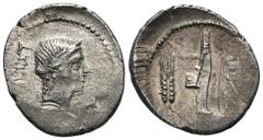 RÖMER, REPUBLIK. C. Norbanus 83 v. Chr., Denar 83 v. Chr., Rom. Av.: C•NORBANVS, Kopf der Venus mit Stephane nach rechts, dahinter Kontrollzahl. Rv.: Kornähre, Fasces mit Beil und Caduceus. 3,91 g. Cr