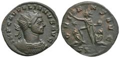 RÖMER, KAISERZEIT. Aurelianus 270-275, Antoninian 274, Ticinum. Av.: IMP C AVRELIANVS AVG, drapierte und gepanzerte Büste mit Strahlenkrone nach rechts. Rv.: ORIENS AVG // SXXT, Sol im Grußgestus mit 