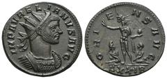 RÖMER, KAISERZEIT. Aurelianus 270-275, Antoninian 274-275, Rom. Av.: IMP AVRELIANVS AVG, drapierte und gepanzerte Büste mit Strahlenkrone nach rechts. Rv.: ORIENS AVG // ΔXXIR, Sol im Grußgestus mit E