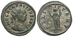 RÖMER, KAISERZEIT. Tacitus 275-276, Antoninian 275-276, Ticinum. Av.: IMP C M CL TACITVS AVG, drapierte und gepanzerte Büste mit Strahlenkrone nach rechts. Rv.: FELICIT TEMP // V, Felicitas mit Caduce