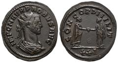 RÖMER, KAISERZEIT. Probus 276-282, Antoninian 276-282, Siscia. Av.: IMP C M AVR PROBVS AVG, drapierte und gepanzerte Büste mit Strahlenkrone nach rechts. Rv.: CONCORD MILIT // S // XXI, Kaiser im Hand