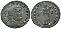 RÖMER, KAISERZEIT. Maximianus Herculius 286-310, Follis 304-305, Antiochia, 6. Offizin. Av.: IMP C M A MAXIMIANVS P F AVG, belorbeerter Kopf nach rechts. Rv.: GENIO POPV-LI ROMANI / S // ANT•, Genius 