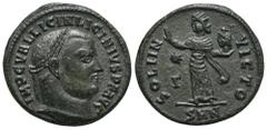 RÖMER, KAISERZEIT. Licinius I. 308-324, Follis 312, Nikomedia. Av.: IMP C VAL LICIN LICINIVS P F AVG, belorbeerter Kopf nach rechts. Rv.: SOLI IN-VICTO // SMN, Sol mit erhobener Rechten und Sarapiskop