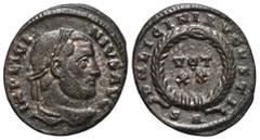 RÖMER, KAISERZEIT. Licinius I. 308-324, Follis 321, Arelate. Av.: IMP LICI-NIVS AVG, belorbeerter Kopf nach rechts. Rv.: DN LICINI AVGVSTI // SA, im Lorbeerkranz VOT XX. 2,86 g. RIC VII: 229. Sehr sch