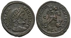 RÖMER, KAISERZEIT. Constantinus I. 306-337, Follis 323-324, Londinium. Av.: CONSTAN-TINVS AVG, belorbeerter Kopf nach rechts. Rv.: SARMATIA DEVICTA // C // P LG (Mondsichel), Victoria mit Tropaeum und