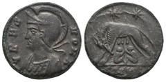 RÖMER, KAISERZEIT. Constantinus I. 306-337, Follis 330-335, Nikomedia. Av.: VRBS ROMA, behelmte und drapierte Büste der Roma nach links. Rv.: SMNB, Lupa Romana säugt Romulus und Remus nach links, darü