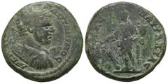 RÖMER, PROVINZIALPRÄGUNGEN, THRACIA. Pautalia, Caracalla 211-217, Æ 211-217. Av.: ΑV Κ Μ ΑVΡ CΕV AΝΤΩΝΙΝΟC, belorbeerte und gepanzerte Büste nach rechts. Rv.: OVAΠIAC ΠAVTAΛIAC, Tyche mit Ruder auf Gl