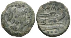 RÖMER, REPUBLIK Anonyme Prägungen, Æ-Triens 211 v. Chr. oder später, Rom. Av.: Kopf der Minerva mit korinthischem Helm nach rechts, darüber vier Wertkugeln. Rv.: ROMA, Prora nach rechts, darunter vier