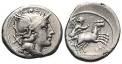 RÖMER, REPUBLIK Anonyme Prägungen, 157-156 v. Chr., Denar 157-156 v. Chr., Rom. Av.: Kopf der Roma mit Greifenhelm nach rechts, dahinter X. Rv.: ROMA, Victoria mit Peitsche in Biga nach rechts. 3,39 g