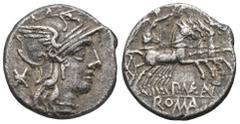RÖMER, REPUBLIK P. Maenius Antiaticus 132 v. Chr., Denar 132 v. Chr., Rom. Av.: Kopf der Roma mit Greifenkopfhelm nach rechts, dahinter Stern. Rv.: P MAE ANT (in Ligatur) // ROMA, Victoria mit Kranz u