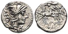 RÖMER, REPUBLIK M. Porcius Laeca 125 v. Chr., Denar 125 v. Chr., Rom. Av.: Kopf der Roma mit Greifenhelm nach rechts, dahinter LAECA, davor Stern. Rv.: M•PORC // ROMA, Libertas mit Stab und Pileus in 