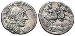 RÖMER, REPUBLIK T. Minucius Rufus 122 v. Chr., Denar 122 v. Chr., Rom. Av.: RVF, Kopf der Roma mit Greifenhelm nach rechts, davor X. Rv.: Q•MINV / ROMA, Dioskuren mit Lanzen nach rechts reitend. 3,65 