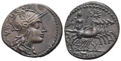 RÖMER, REPUBLIK M. Tullius 120 v. Chr., Denar 120 v. Chr., Rom. Av.: ROMA, Kopf der Roma mit Greifenhelm nach rechts. Rv.: M•TVLLI, Victoria in Quadriga nach rechts fahrend, Zügel und Palmenzweig halt