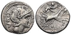 RÖMER, REPUBLIK L. Flaminius Chilo 109/108 v. Chr., Denar 109/108 v. Chr., Rom. Av.: ROMA, Kopf der Roma mit Greifenhelm nach rechts. Rv.: L•FLAMINI / CILO, Victoria mit Kranz in Biga nach rechts. 3,6