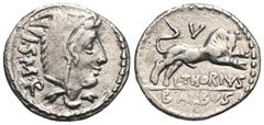 RÖMER, REPUBLIK L. Thorius Balbus 105 v. Chr., Denar 105 v. Chr., Rom. Av.: I•S•M•R, Kopf der Iuno Sospita mit Ziegenskalp nach rechts. Rv.: Stier nach rechts springend, darüber V, darunter L•THORIVS 