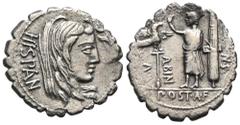RÖMER, REPUBLIK L. Postumius Albinus 81 v. Chr., Denar (Serratus) 81 v. Chr., Rom. Av.: HISPAN, Kopf der Hispania capite velato nach rechts. Rv.: •S•N / ALBIN/A // POST•A•F, Togatus im Grußgestus zwis