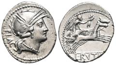 RÖMER, REPUBLIK L. Rutilius Flaccus 77 v. Chr., Denar 77 v. Chr., Rom. Av.: FLAC, behelmter Kopf der Roma nach rechts. Rv.: L•RVTILI, Victoria mit Kranz in Biga nach rechts. 4,00 g. Crawford: 387/1. S