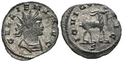 RÖMER, KAISERZEIT Gallienus 253/259-268, Antoninian 267-268, Rom. Av.: GALLIENVS AVG, gepanzerte Büste mit Strahlenkrone nach rechts. Rv.: IOVI CONS AVG // ς, Ziegenbock nach rechts laufend. 3,11 g. R