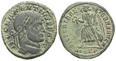 RÖMER, KAISERZEIT Maxentius 307-312, Follis 309-312, Ostia. Av.: IMP C MAXENTIVS P F AVG, belorbeerter Kopf nach rechts. Rv.: VICTORIA AE–TERNA AVG N // MOSTP, Victoria mit Kranz und Palmzweig nach li