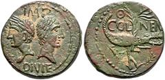 RÖMER, KAISERZEIT. Augustus 27 v. Chr.-14 n. Chr., Dupondius 9-3 v. Chr., Nemausus. Av.: IMP / DIVI F / P-P, Kopf des Agrippa mit Corona Rostrata kombiniert mit Lorbeerkranz nach links und des Augustu