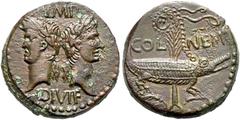 RÖMER, KAISERZEIT. Augustus 27 v. Chr.-14 n. Chr., Dupondius 9-3 v. Chr., Nemausus. Av.: IMP // DIVI F, Kopf des Agrippa mit Corona Rostrata kombiniert mit Lorbeerkranz nach links und des Augustus mit