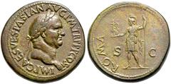 RÖMER, KAISERZEIT. Vespasianus 69-79, Sesterz 71, Rom. Av.: IMP CAES VESPASIAN AVG P M TR P P P COS III, belorbeerter Kopf nach rechts. Rv.: ROMA // S-C, Roma mit Victoriola und Speer nach links stehe