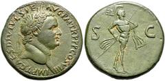 RÖMER, KAISERZEIT. Titus 79-81, Sesterz 80-81, Münzstätte in Thrakien. Av.: IMP T CAES DIVI VESP F AVG P M TR P P P COS VIII, belorbeerter Kopf nach rechts. Rv.: S-C, Mars mit Lanze und Tropaeum schre