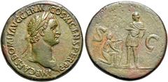 RÖMER, KAISERZEIT. Domitianus 81-96, Sesterz 85, Rom. Av.: IMP CAES DOMIT AVG GERM COS XI CENS PER P P, belorbeerter Kopf nach rechts. Rv.: S-C, Domitian mit Speer links stehend, davor kniender German